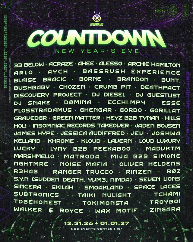 Green lettering on a dark purple poster reading Countdown New Year's Eve above a dense list of artist names, dated 12.31.26 and 01.01.27