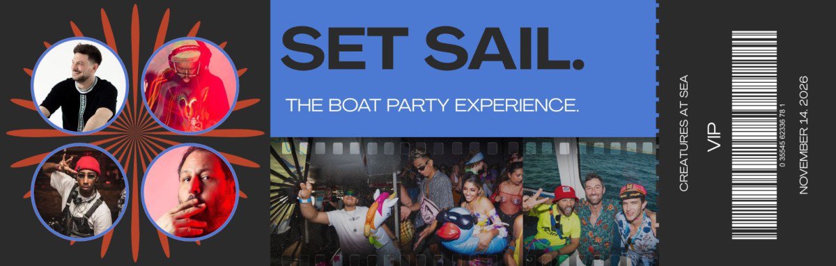 Flyer for Creatures at Sea with four DJ portraits and boat party photos