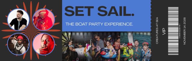 Flyer for Creatures at Sea with four DJ portraits and boat party photos