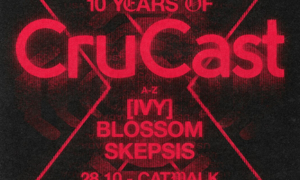 Red and black flyer reading 10 Years of CruCast with the names IVY, Blossom and Skepsis and the date 28.10 at Catwalk