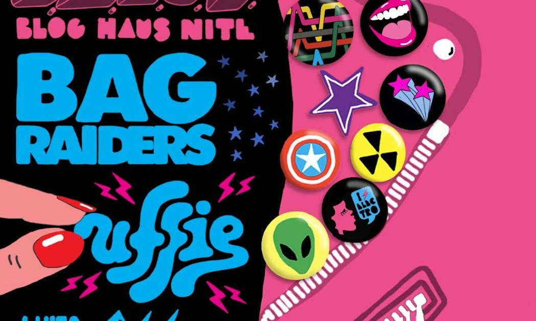 Pink and black flyer for D.A.N.C.E Blog Haus Nite with Bag Raiders and Uffie in bold lettering beside a pink jacket covered in enamel pins