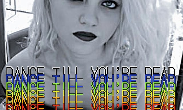 Event flyer with a black-and-white portrait of a woman with messy blonde hair and dark lipstick, with rainbow-striped lettering reading Dance Till You're Dead
