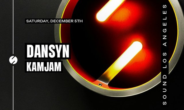 Event flyer with the names Dansyn and Kamjam beside a glowing red and orange circular light fixture, dated Saturday, December 5th, Sound Los Angeles
