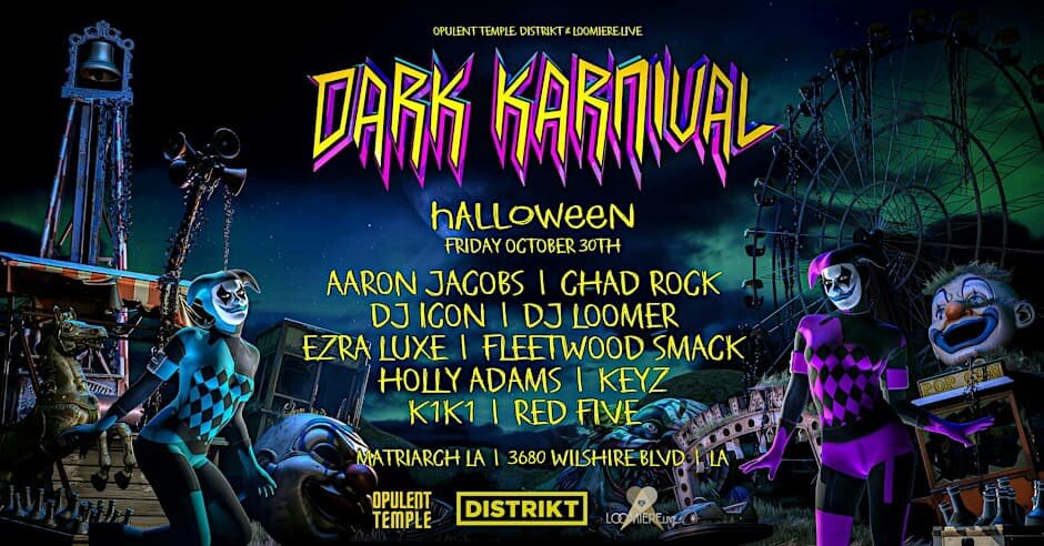 Event flyer for Dark Karnival showing jester figures, a ferris wheel and a clown face under a night sky, with the lineup and the date October 30