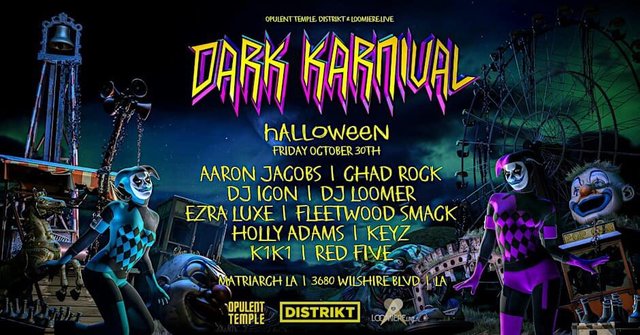 Event flyer for Dark Karnival showing jester figures, a ferris wheel and a clown face under a night sky, with the lineup and the date October 30
