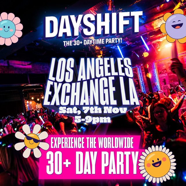Event flyer for Dayshift at Exchange LA showing a crowd with glow sticks under pink and blue club lighting, with daisy graphics