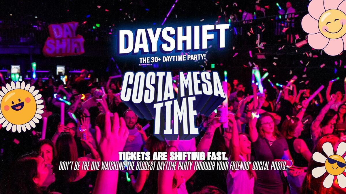 Crowd with glow sticks and confetti under pink club lighting, with Dayshift Costa Mesa Time artwork and daisy graphics