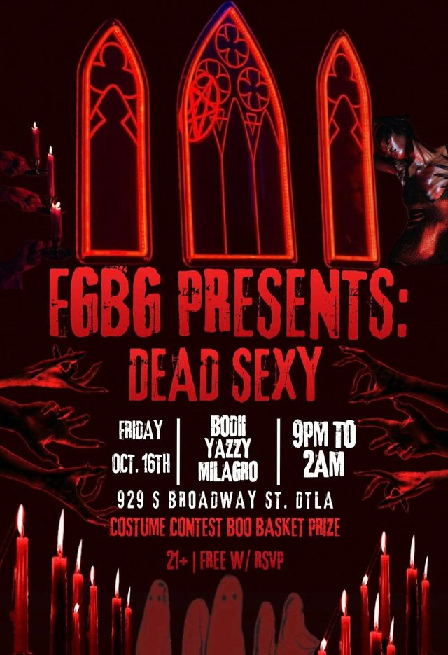 Red gothic-window flyer for FGBG presents Dead Sexy with candles, reaching hands and the lineup BODII, Yazzy and Milagro
