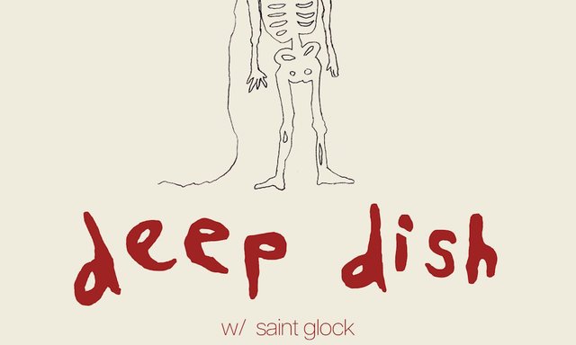 Event flyer with a hand-drawn skeleton above the words deep dish in red lettering and the line w/ saint glock on a cream background
