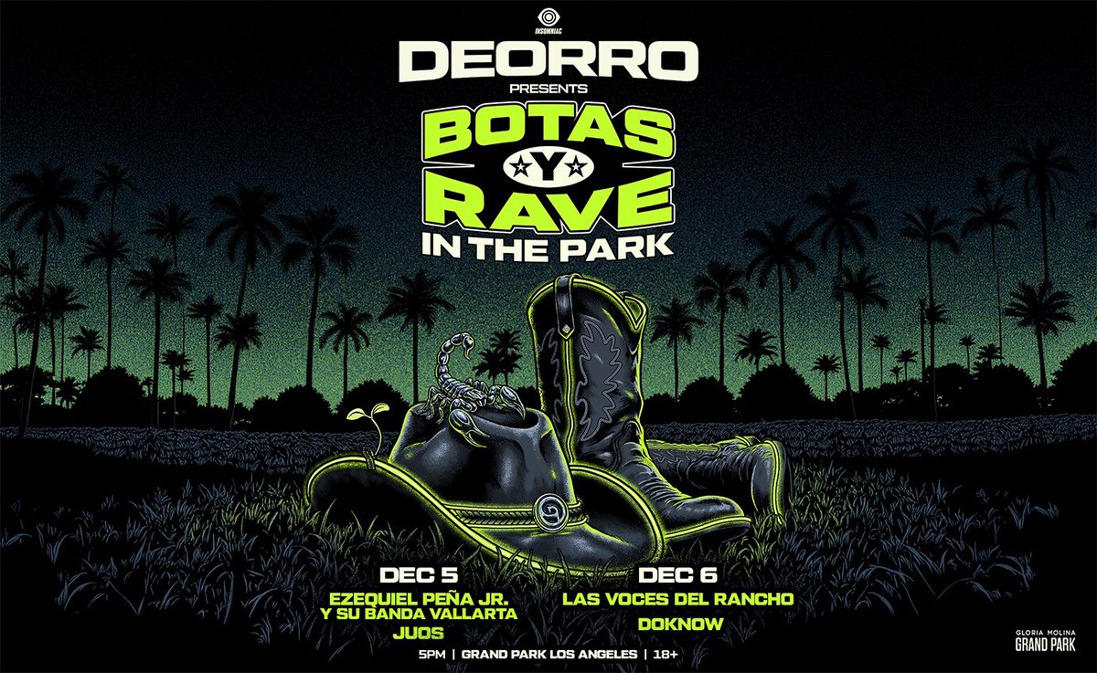 Deorro presents Botas y Rave in the Park poster: a glowing cowboy hat and boots in grass under palm trees, with the Dec 5 and Dec 6 lineups at Grand Park Los Angeles, 5pm, 18+
