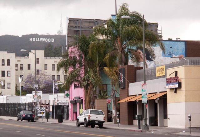 Cahuenga Boulevard storefronts and palm trees with the Hollywood Sign on the hillside behind