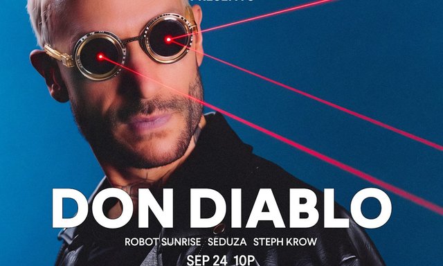 Don Diablo in round mirrored glasses with red laser beams, on the SPIN flyer for his September 24 Sound Nightclub date