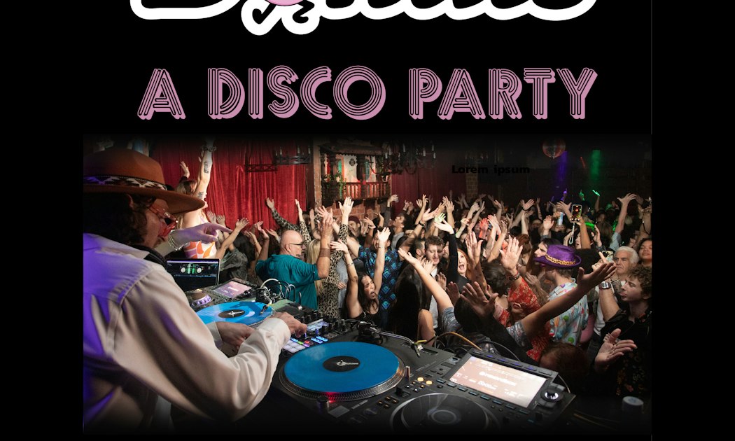 Crowd with raised hands on the dance floor at a disco night, a DJ in a brown hat at blue turntables in the foreground, red curtains behind