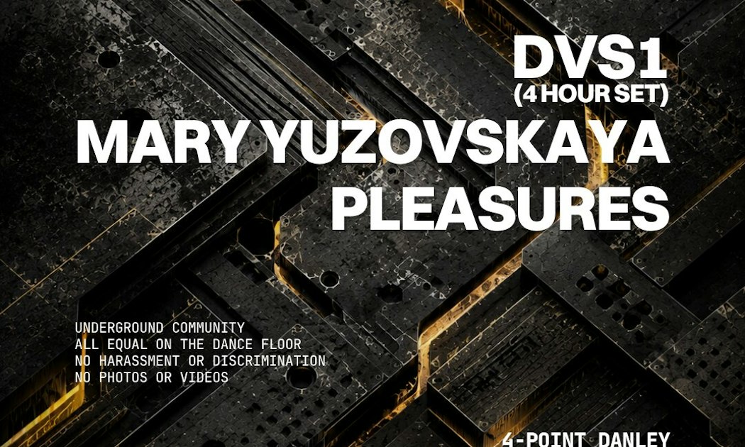 WORK presents flyer with DVS1, Mary Yuzovskaya and Pleasures lineup over a stark red and black techno graphic