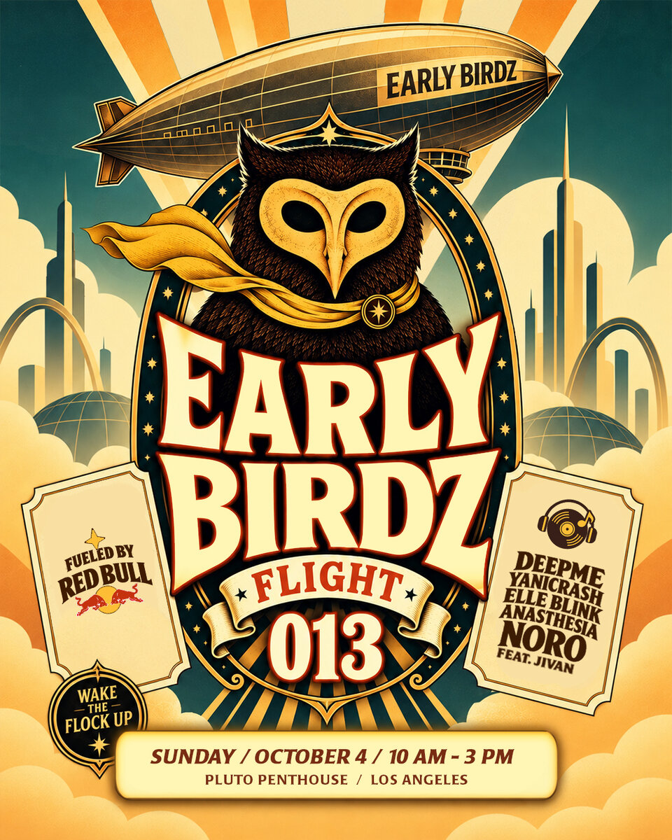 Early Birdz Flight 013 flyer showing an owl in a yellow scarf beneath an airship, with the DJ lineup and the October 4 date at Pluto Penthouse