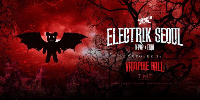 Red, bat-themed flyer reading Electrik Seoul K-pop x EDM, October 29, Vampire Ball, Time Nightclub