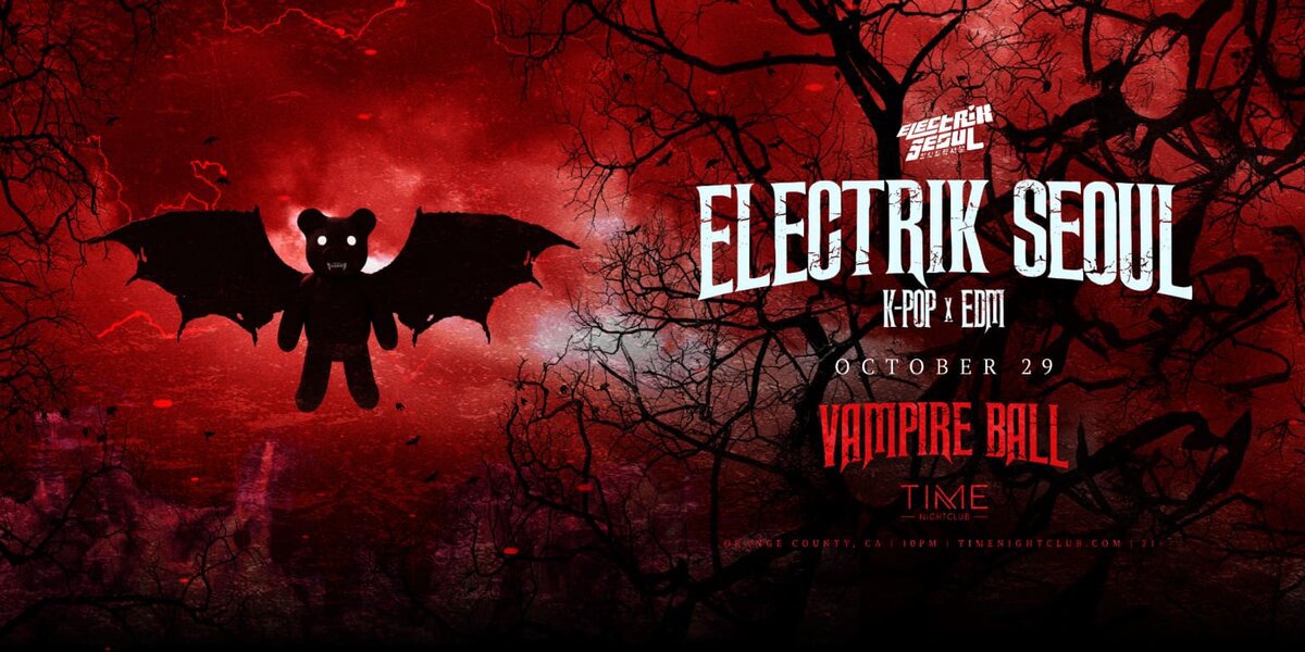 Red, bat-themed flyer reading Electrik Seoul K-pop x EDM, October 29, Vampire Ball, Time Nightclub