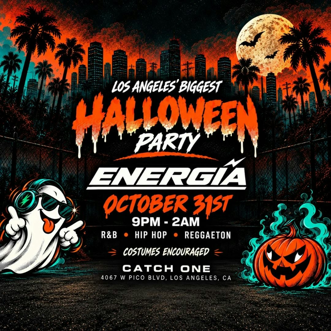 Halloween flyer with orange dripping lettering over a palm tree skyline and full moon, a ghost in sunglasses and a glowing pumpkin