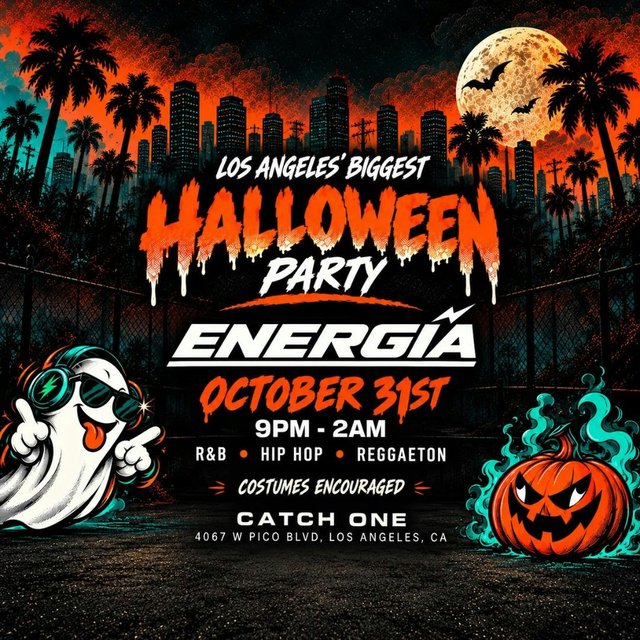 Halloween flyer with orange dripping lettering over a palm tree skyline and full moon, a ghost in sunglasses and a glowing pumpkin