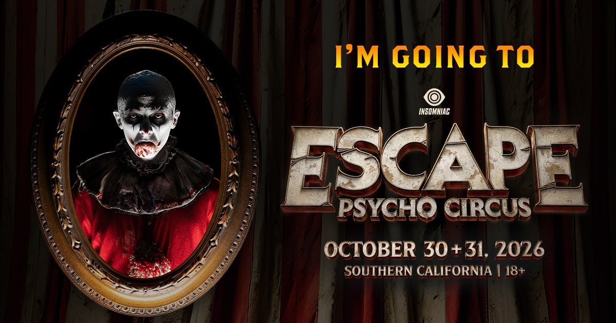 Escape Psycho Circus poster with a painted clown in an oval gold frame and the text October 30 + 31, 2026, Southern California, 18+