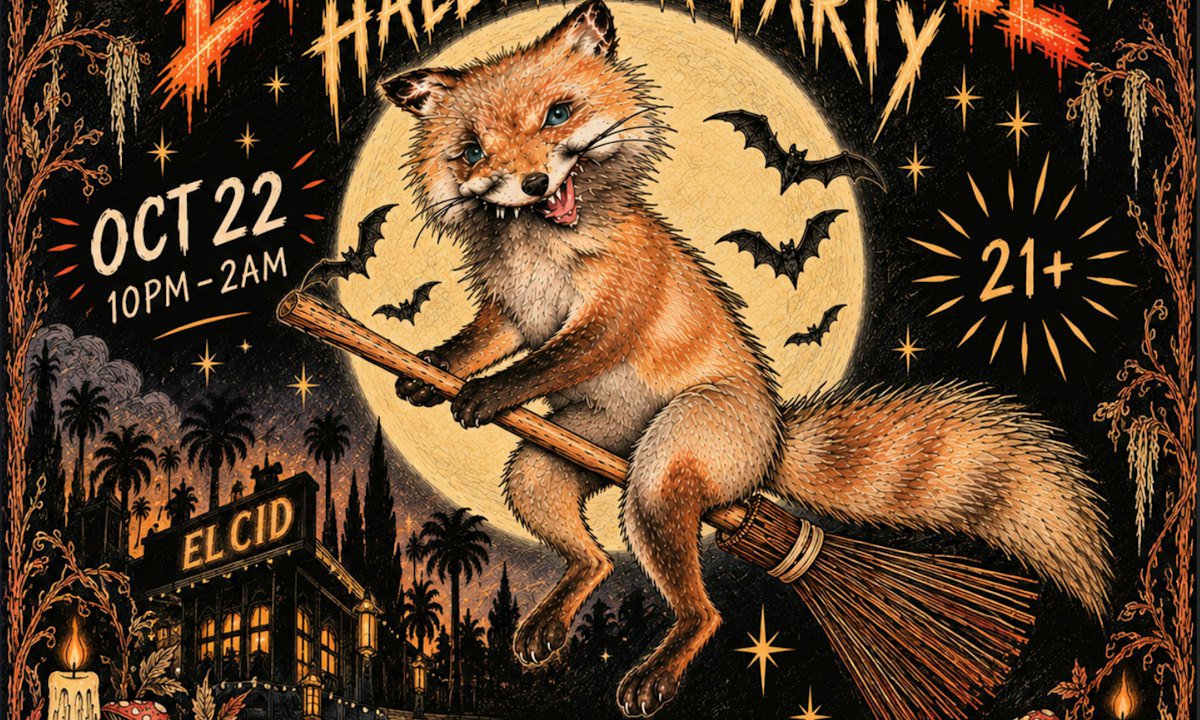 Illustrated flyer of a fox riding a broomstick across a full moon with bats, the El Cid sign and Oct 22, 10PM to 2AM lettering