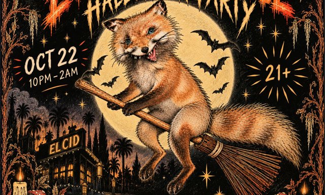Illustrated flyer of a fox riding a broomstick across a full moon with bats, the El Cid sign and Oct 22, 10PM to 2AM lettering
