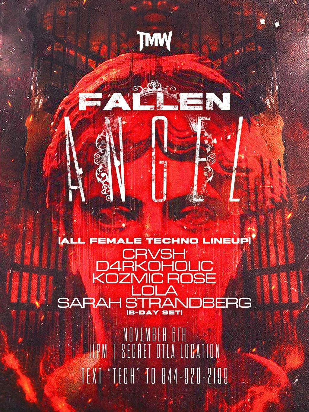 Red flyer for Fallen Angel with a stone angel face behind iron bars and an all-female techno lineup
