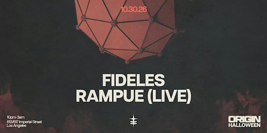 Dark flyer with a rust-colored geometric sphere above the names Fideles and Rampue (LIVE), dated 10.30.26, with the Origin Halloween logo