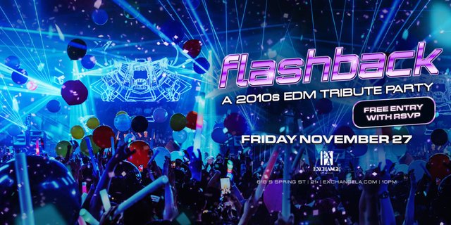 Flyer showing a packed club floor under lasers, balloons and confetti, with the Flashback party name and the date