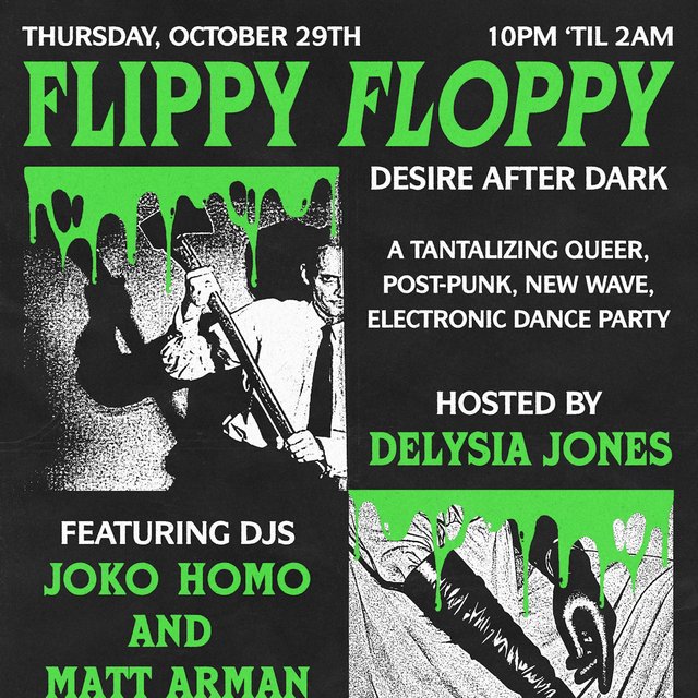 Black and green event flyer for Flippy Floppy Halloween with dripping slime lettering and vintage horror illustrations