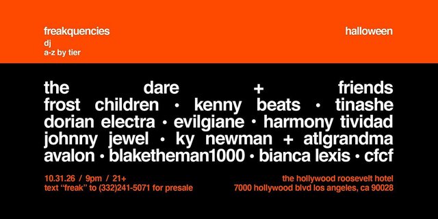 Orange and black flyer listing the Freakquencies Halloween DJ lineup at The Hollywood Roosevelt