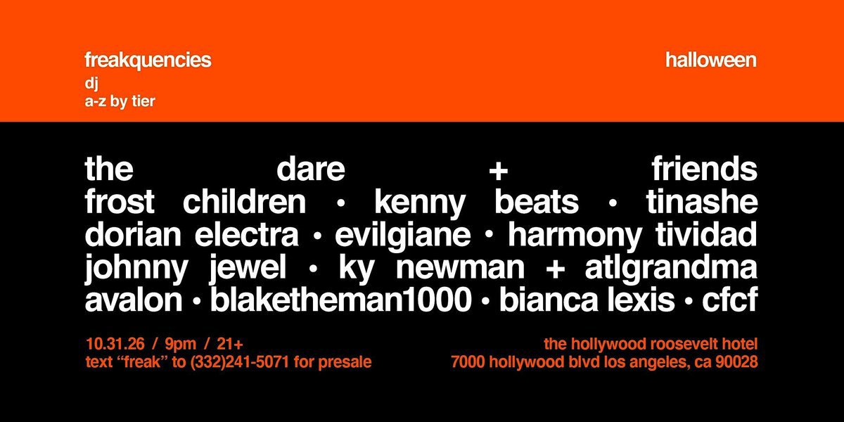 Orange and black flyer listing the Freakquencies Halloween DJ lineup at The Hollywood Roosevelt