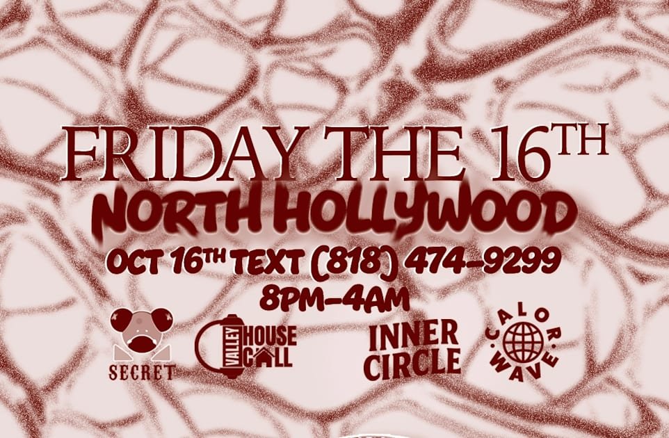 Event flyer for Friday The 16th in North Hollywood on Oct 16, 8pm to 4am, in maroon on pink, with four collective logos
