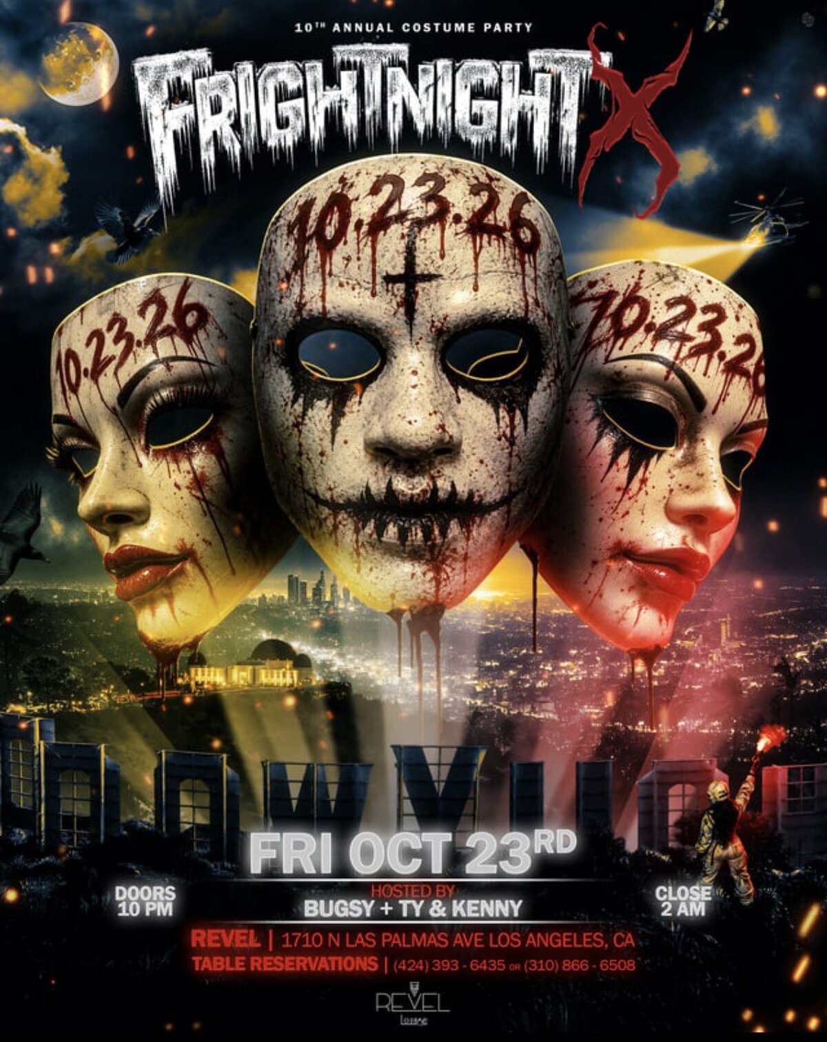 Event poster showing three blood-streaked white masks over the Hollywood sign and city lights, with the FrightNight X title