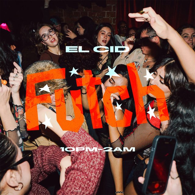 Packed dance floor of partygoers with the Futch and El Cid flyer lettering over the crowd