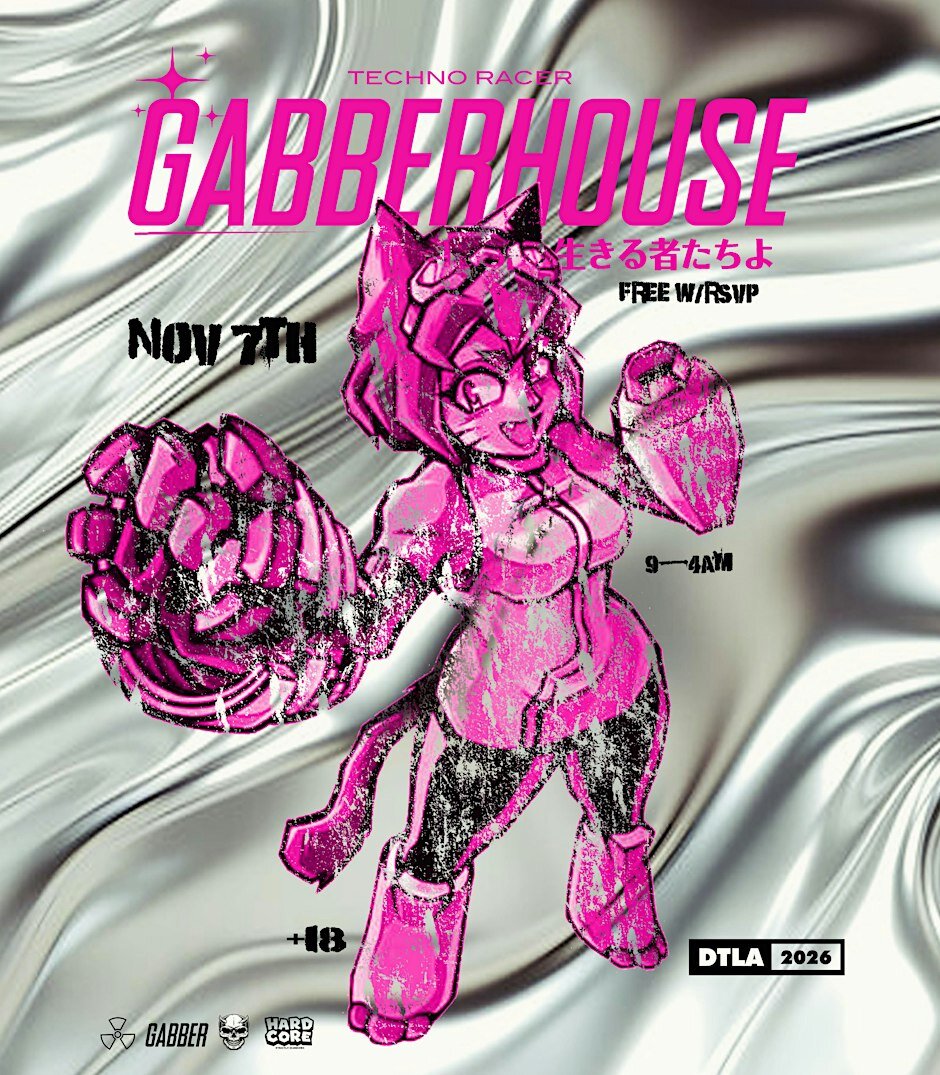 Pink and black flyer for Gabber House showing an anime-style cat-eared robot girl with a giant fist over a chrome swirl background