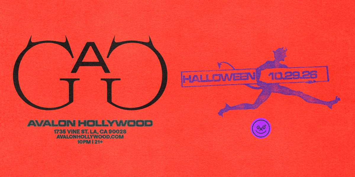 Red GAG flyer with black horned lettering beside a purple leaping devil figure holding a Halloween 10.29.26 banner, with Avalon Hollywood's address and 10PM 21+ in the corner