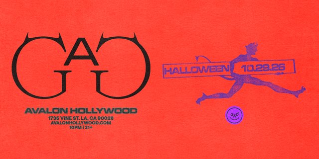 Red GAG flyer with black horned lettering beside a purple leaping devil figure holding a Halloween 10.29.26 banner, with Avalon Hollywood's address and 10PM 21+ in the corner