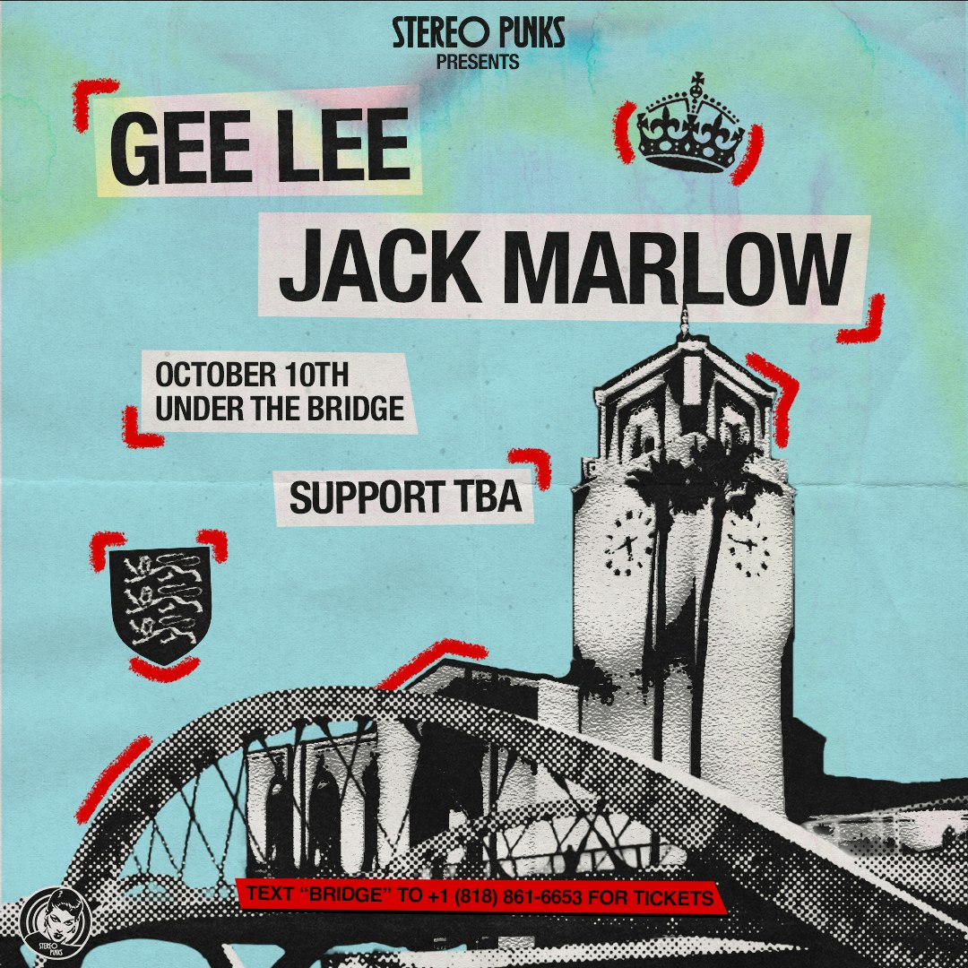 Blue Stereo Punks flyer with GEE LEE and Jack Marlow in bold type over a halftone illustration of a clock tower and arched bridge
