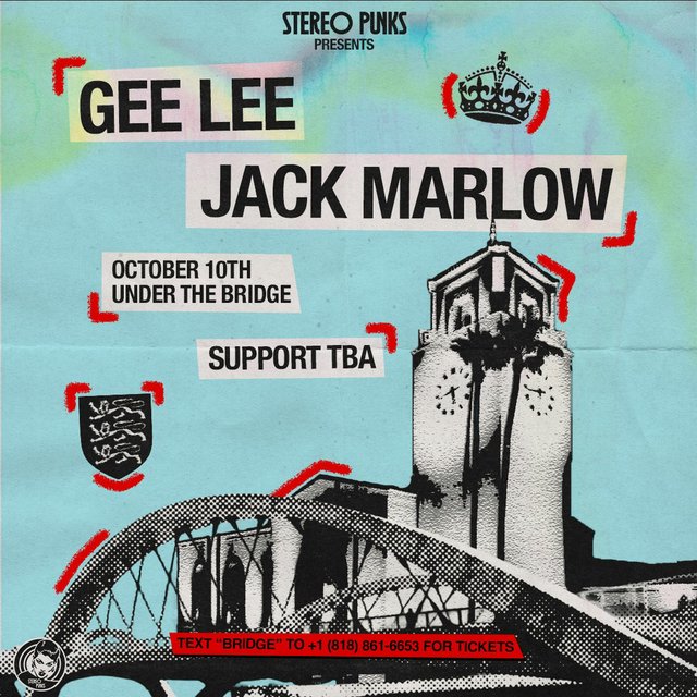Blue Stereo Punks flyer with GEE LEE and Jack Marlow in bold type over a halftone illustration of a clock tower and arched bridge