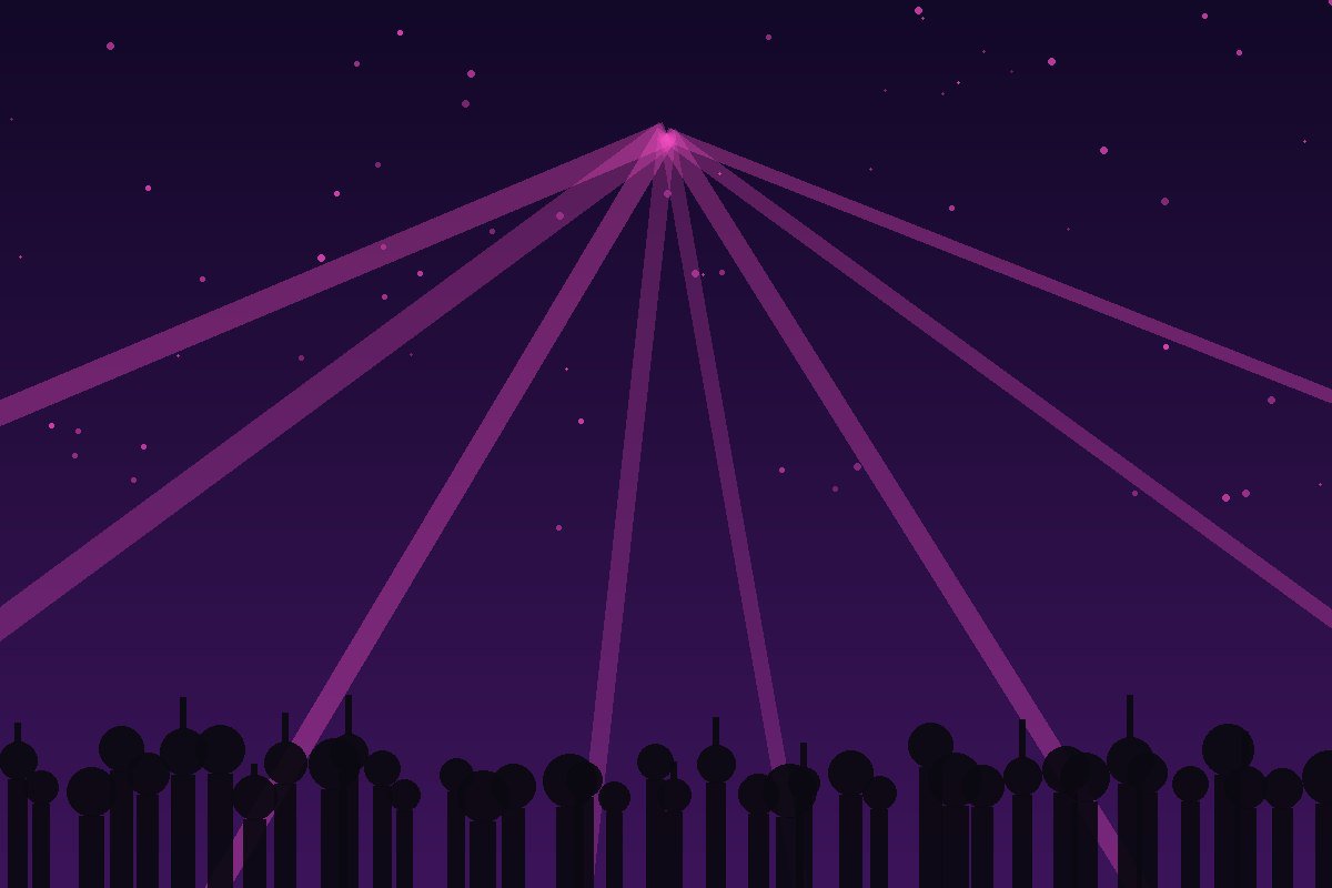 Violet laser beams fanning out above a rave crowd