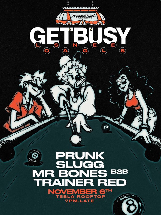 Illustrated poster for Getbusy Los Angeles showing cartoon characters around a pool table, with the lineup and Nov 6 date