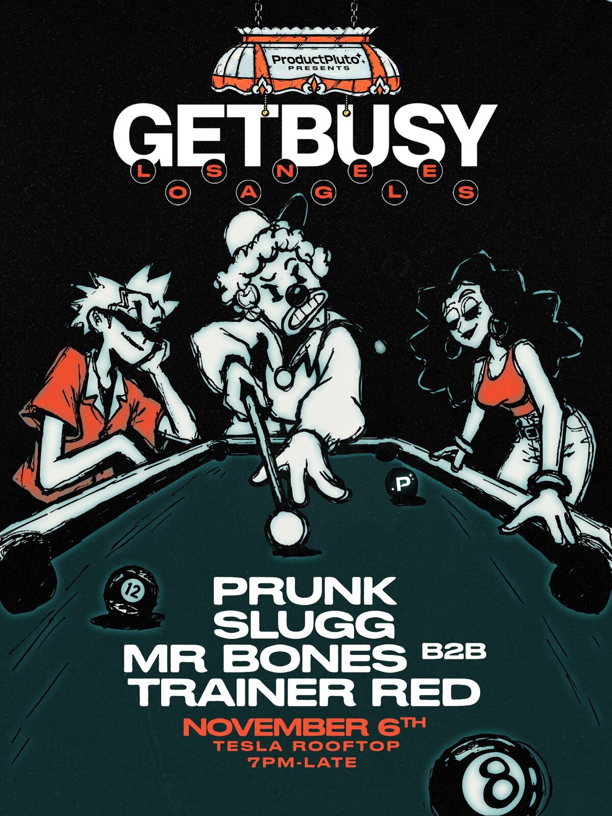 Illustrated poster for Getbusy Los Angeles showing cartoon characters around a pool table, with the lineup and Nov 6 date