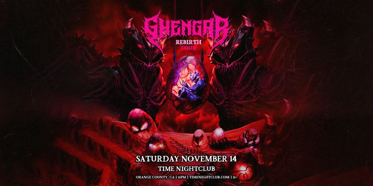 Red and black flyer for Ghengar's Rebirth Tour showing two armored creatures guarding a glowing egg, with the Time Nightclub date