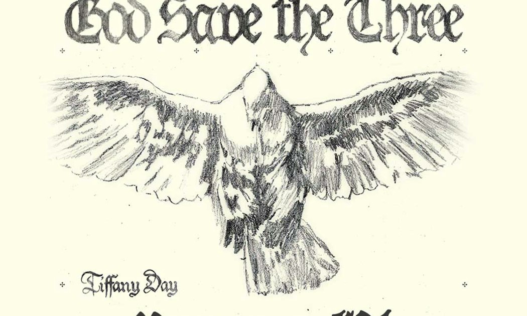 Pencil drawing of a bird with spread wings under the hand-lettered words God Save the Three, from the tour artwork