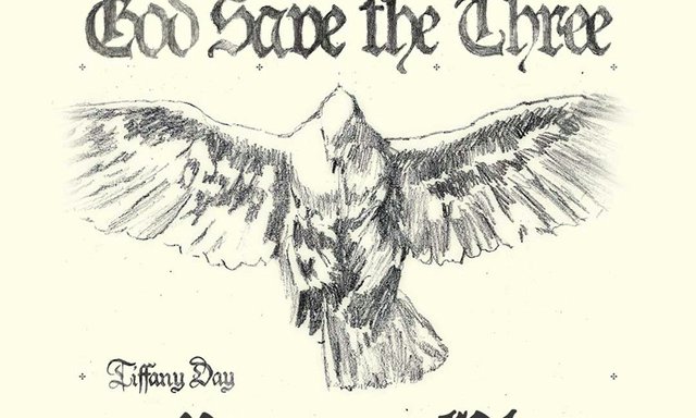 Pencil drawing of a bird with spread wings under the hand-lettered words God Save the Three, from the tour artwork