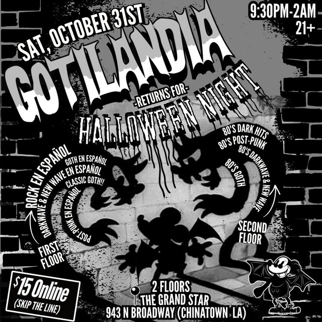 Black and white Halloween flyer for GOTILANDIA with bat-winged lettering, a brick wall and a cartoon bat character, listing two floors of music