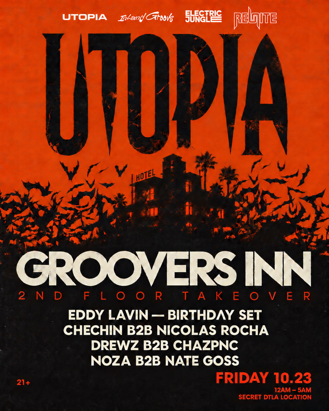 Orange and black flyer for Groovers Inn showing a haunted hotel silhouette under a swarm of bats, with the lineup and Friday 10.23 listed