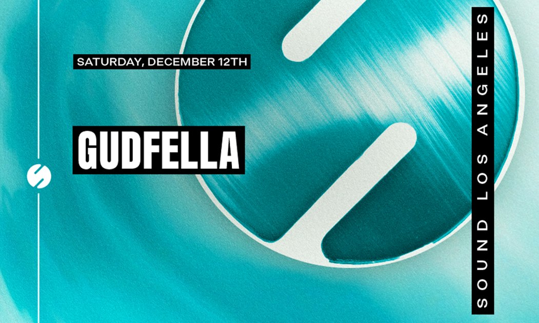 Teal vinyl record artwork on the Gudfella event flyer for Sound Los Angeles, Saturday December 12th