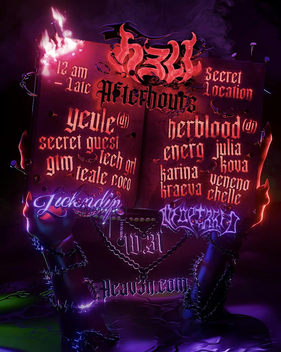 Event flyer for H3Ll Afterhours with red gothic lettering on an open book held by chained hands, listing the DJ lineup and a secret location